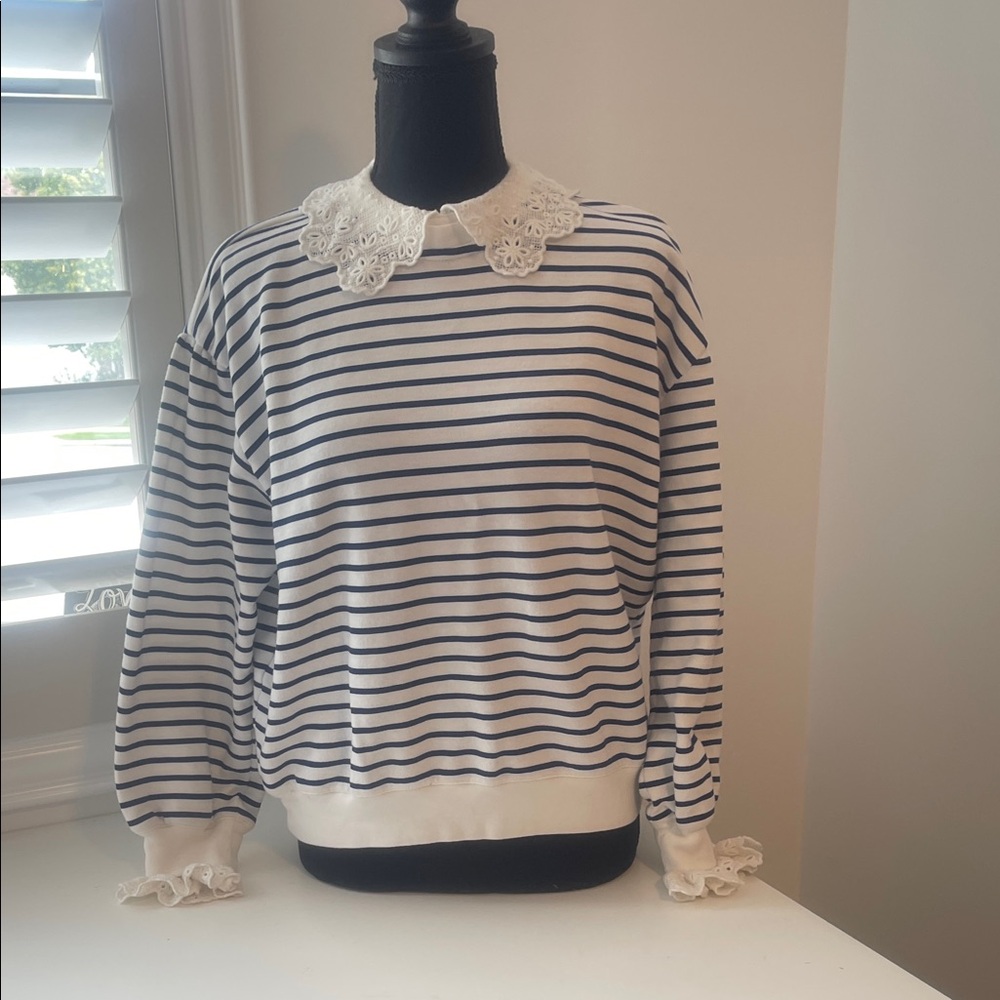 J. Crew Navy and White Striped Sweatshirt with Lace Collar